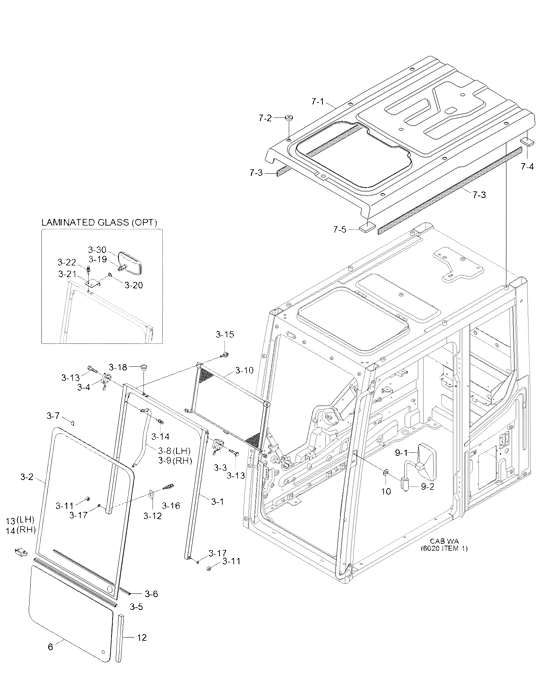 vitre avant supérieur de cabine Hyundai HX140L, HX160L, HX220L, HX220NL, HX260L, HX300L, HX330L, HX380L, HX430L, HX480L, HX520L